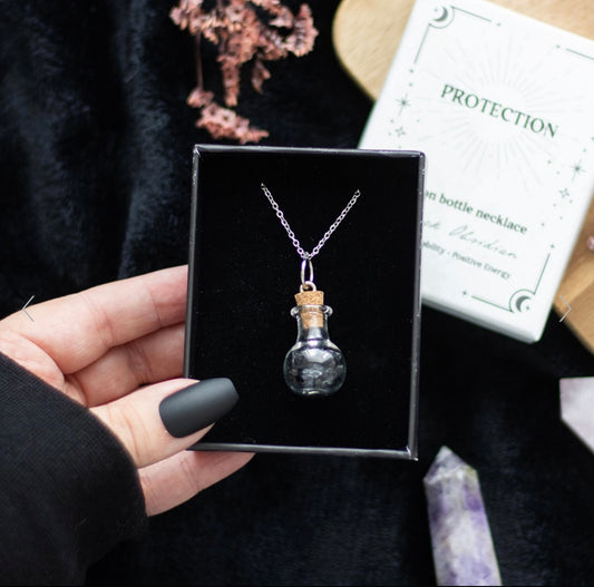 PROTECTION BLACK OBSIDIAN CRYSTAL CHIP POTION BOTTLE NECKLACE