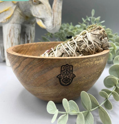 Wooden Smudge and Ritual Offerings Bowl - Hamsa - 13x7