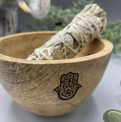 Wooden Smudge and Ritual Offerings Bowl - Hamsa - 13x7