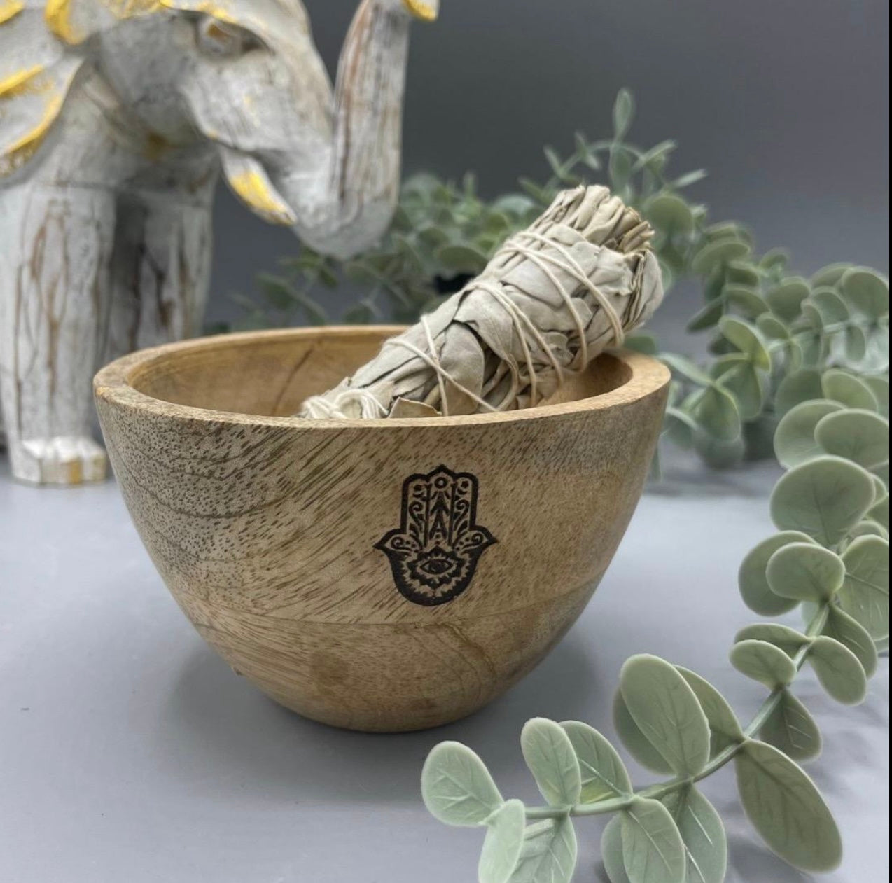 Wooden Smudge and Ritual Offerings Bowl - Hamsa - 13x7