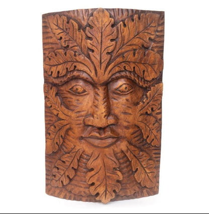 NATURAL ACACIA WOOD GREEN MAN DECORATION large wall plaque